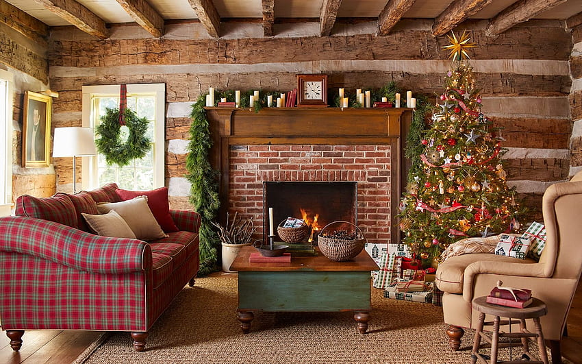 Christmas by Fireplace, spruce, fireplace, Christmas, room, interior HD wallpaper