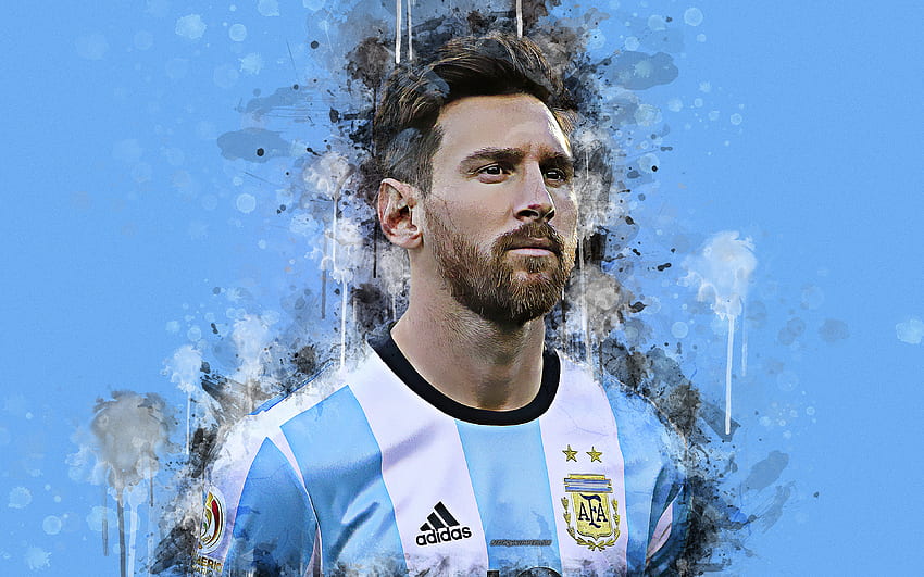 Lionel Messi、ペイント アート、顔、グランジ スタイル、創造的な芸術、アルゼンチン サッカー代表チーム、サッカー、青いグランジ背景、アルゼンチンの解像度 . 高品質 高画質の壁紙
