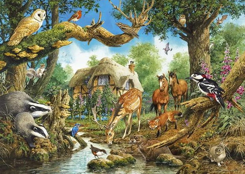 WOODLAND CREATURES, puzzle, creature, woodland, jigsaw, stream HD wallpaper