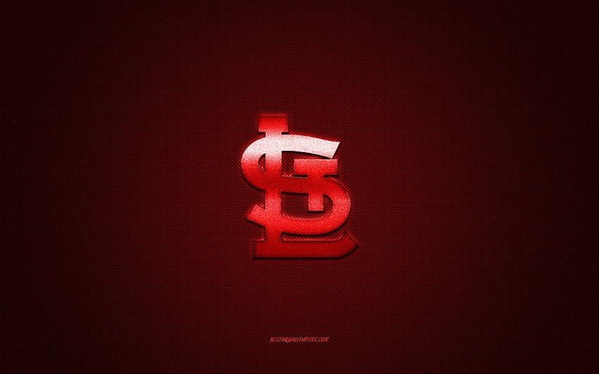 St Louis Cardinals emblem, American baseball club, red logo, red carbon fiber background, MLB, St Louis Cardinals Insignia, baseball, St Louis, USA, Atlanta Braves HD wallpaper