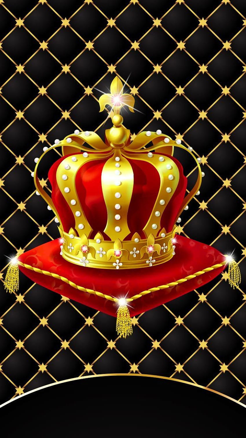 Long live the king. Gold crown with diamonds. Luxury black gold cushion with red and gold crown. HD phone wallpaper
