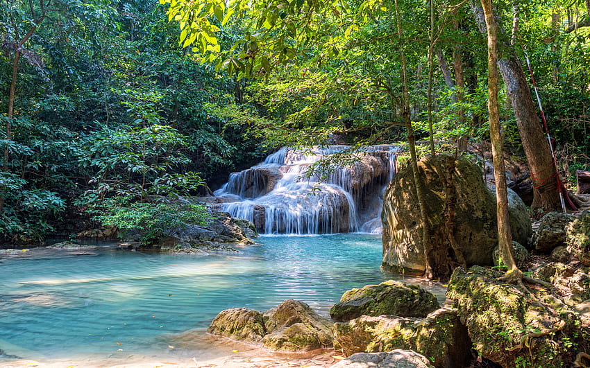 Thailand, waterfall, jungle, moss, tropics, summer, beautiful nature, Asia HD wallpaper