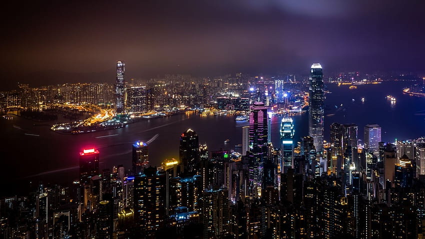 香港、中国、高層ビル、夜の街、都市 高画質の壁紙