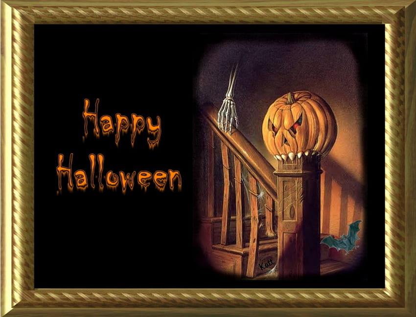 Happy Halloween with frame, pumpkin, halloween, bat, spooky HD wallpaper