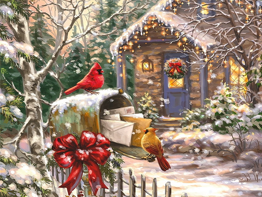 Cardinal cottage, winter, house, mailbox, fence, snowfall, snow, christmas, cottage, countryside, cardinal HD wallpaper
