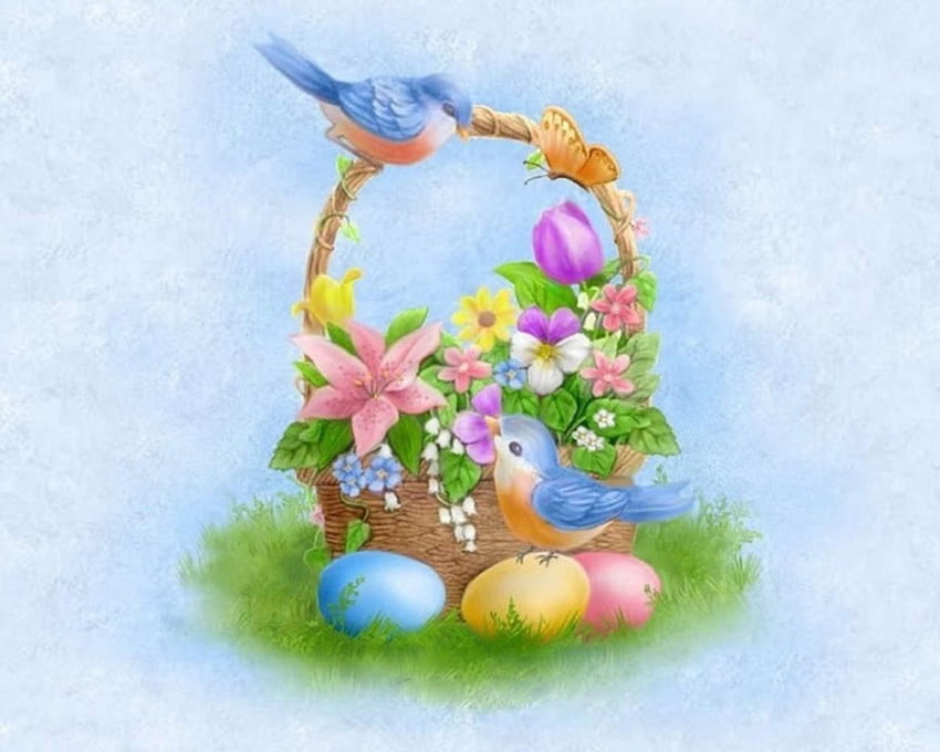 Happy Spring~Frohe Ostern, Vögel, Ostern, Gras, Tulpen, Eier, Lilie, Korb, Schmetterling, Blumen, Frühling HD-Hintergrundbild