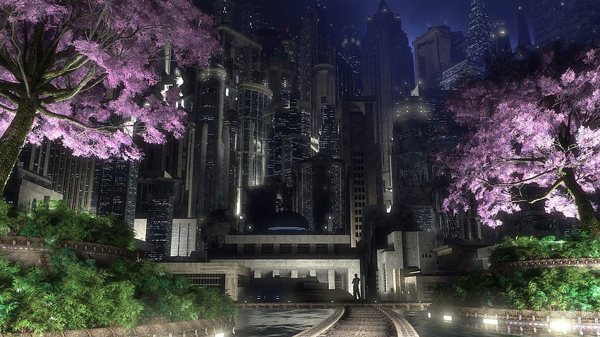 꽃: 나무 정원 디지털 고담 분홍 꽃이 만발한 야간 조명 도시 HD 월페이퍼