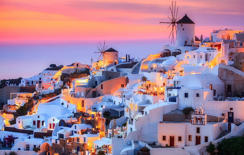 gökyüzü, şehir, ışıklar, kayalar, ada, akşam, Santorini Yunan Adası HD duvar kağıdı