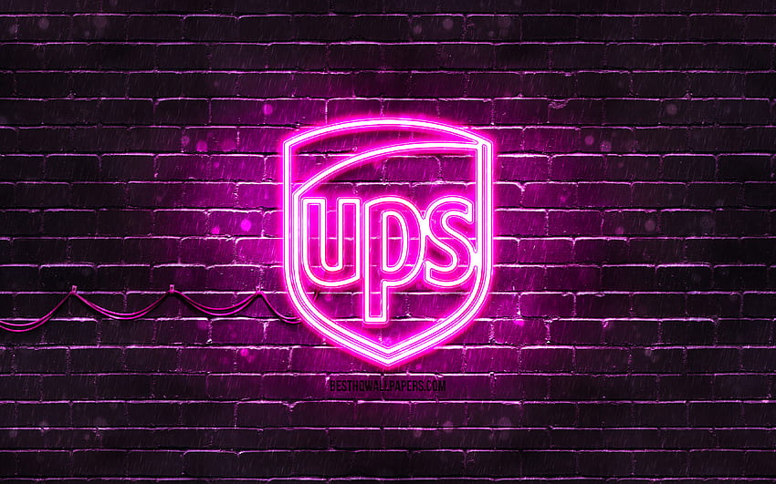 UPS лилаво лого, , лилава тухлена стена, UPS лого, марки, UPS неоново лого, UPS HD тапет