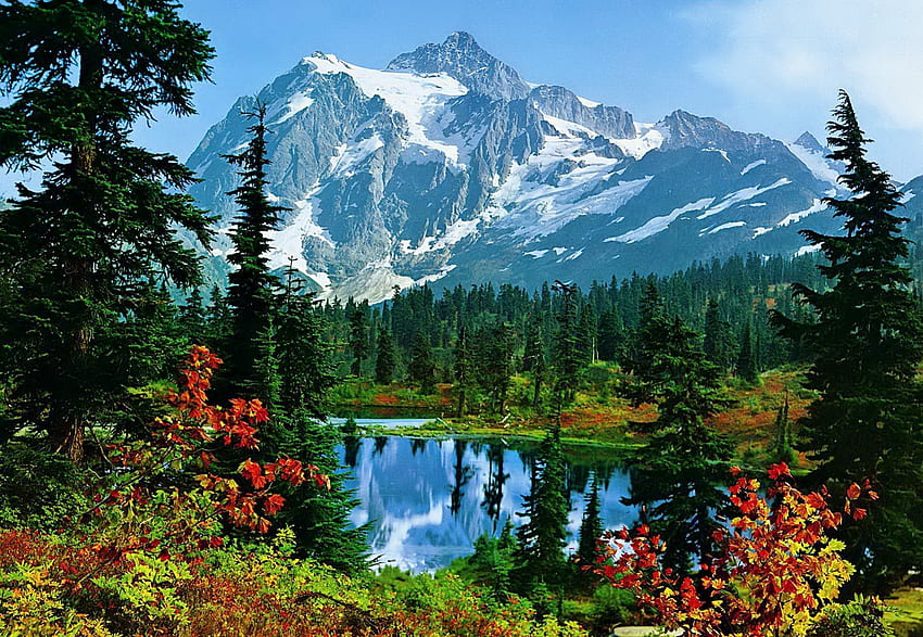 Планинско утро, цветно, утро, върхове, спокойствие, хубаво, тихо, бряг, отражение, дървета, есен, спокойствие, снежно, есен, пейзаж, красиво, скали, езеро, планина, лято, скали, красиво, природа, небе, цветя , прекрасно, спокойствие HD тапет