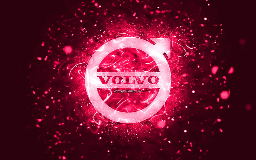 Volvo pink logo, , pink neon lights, creative, pink abstract background, Volvo logo, cars brands, Volvo HD wallpaper