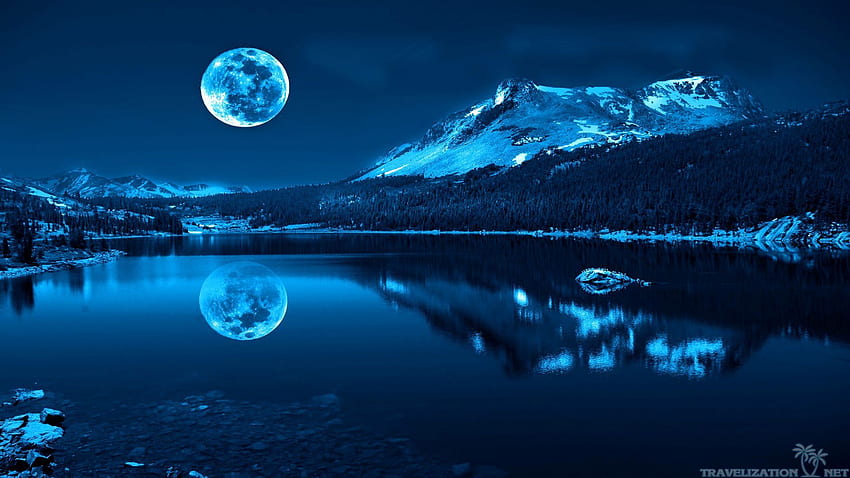 Beautiful Blue Moon Over Lake Nature 1920×1080 HD wallpaper