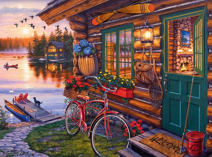 Summertime, attractions in dreams, paintings, houses, summer, love four seasons, lakes, cabins, bike, nature, flowers HD wallpaper