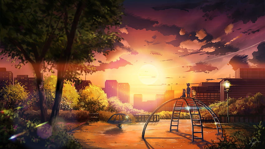 original, Anime, Landscape, Sunset, Sky, Cloud, Beautiful, Tree, Chill Hop HD wallpaper
