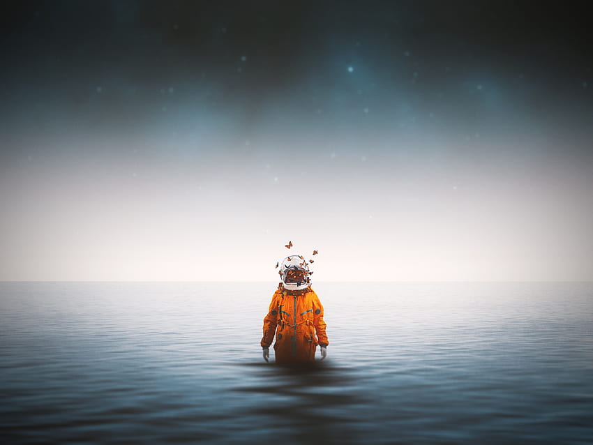 Kosmonaut, Schmetterlinge, Universum, Meer, Horizont, Raumanzug, Raumanzug, Surrealismus HD-Hintergrundbild