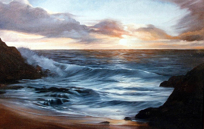 Seascape, sea, waves, painting, sunset, ocean, beach HD wallpaper