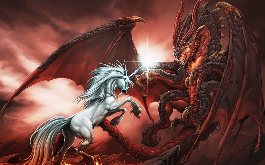 Fantastic fight, animal, wings, white, horse, fight, fantasy, light, fantastic, red, dragon, unicorn, creature HD wallpaper