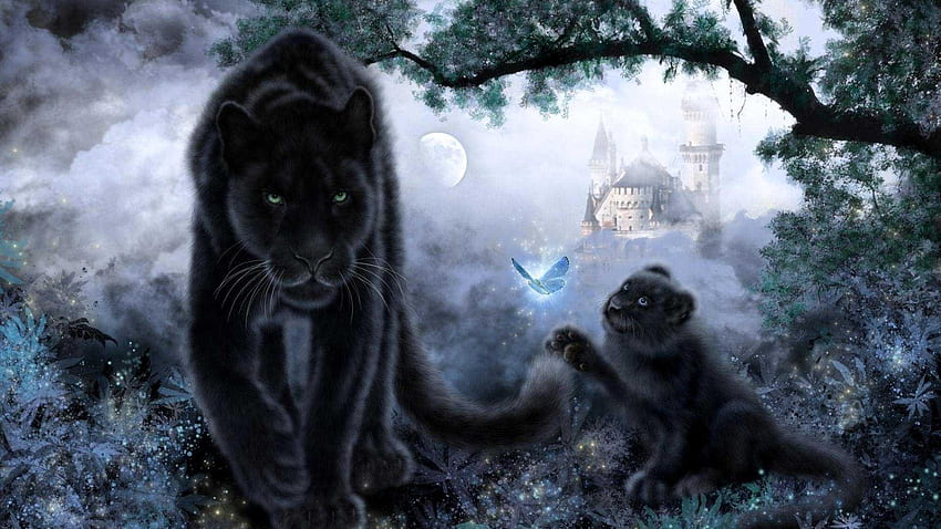 Macan kumbang hitam, hitam, anaknya, fantasi, macan kumbang, imut, luminos, hewan, biru, kucing besar, pisici Wallpaper HD