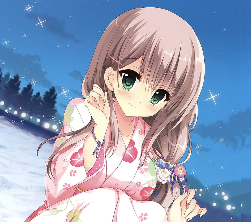 Cute anime girl, outdoor, green eyes HD wallpaper