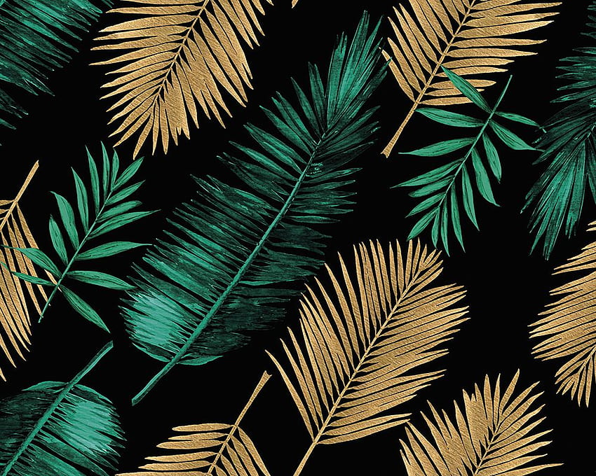 Carta da parati verde smeraldo e palma d'oro, foglie di palma d'oro Sfondo HD