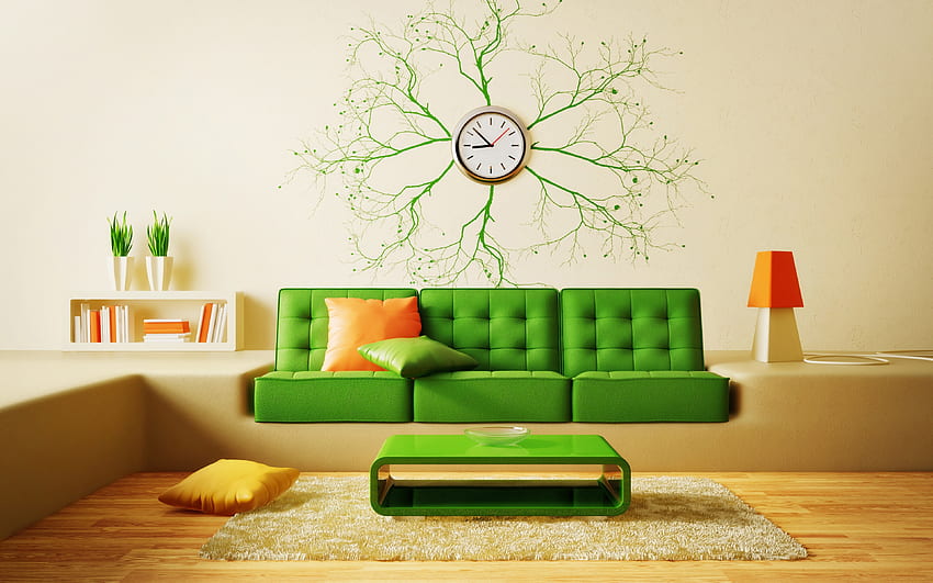 sala de estar bege, interior elegante, design de interiores bege e verde, sofá verde, relógio criativo, sala de estar papel de parede HD