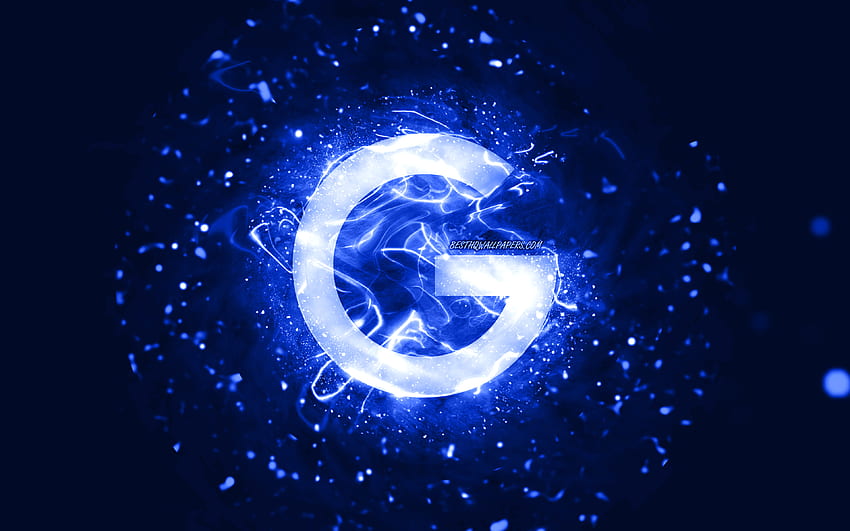 Тъмносиньо лого на Google, , тъмносини неонови светлини, творчески, тъмносин абстрактен фон, лого на Google, марки, Google HD тапет