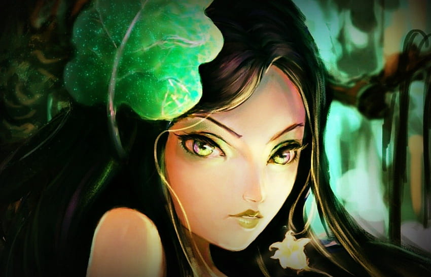 นางฟ้า สีดำ เหมือน น่ารัก เด็กผู้หญิง หัว นางฟ้า จินตนาการ ดอกไม้ เขียว เหลือง ใบไม้ สิ่งมีชีวิต ผม วอลล์เปเปอร์ HD