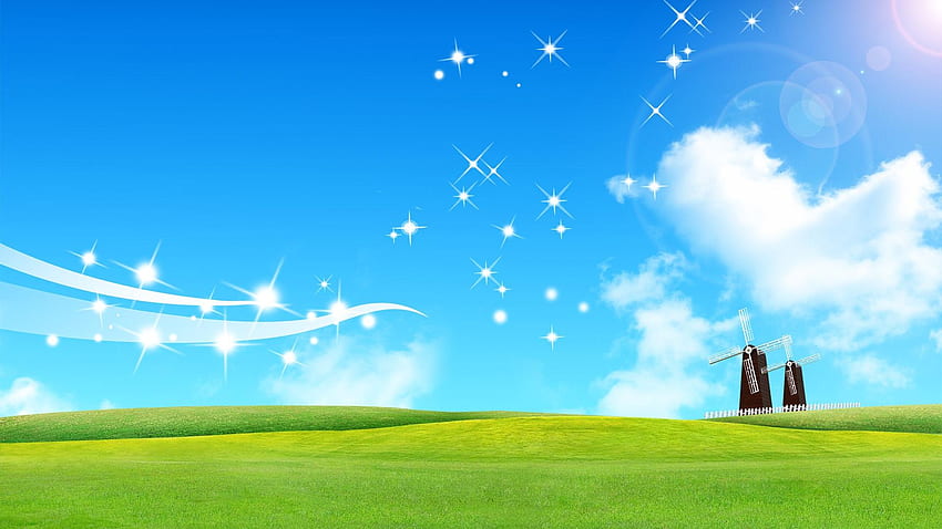 Beautiful Cartoon Blue Sky And Grassland Background HD wallpaper