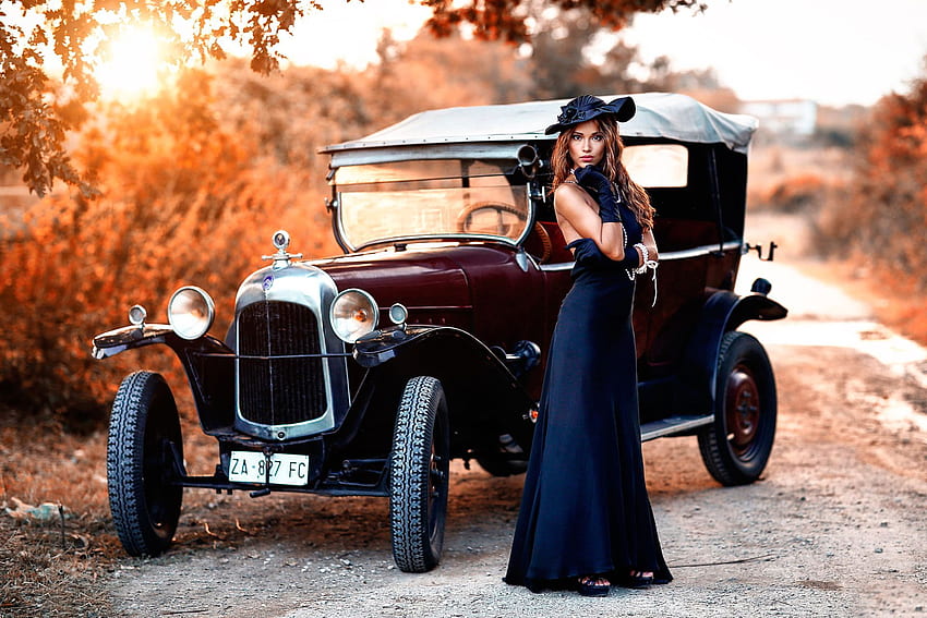 Women Model Woman Vintage Car Girl Blue Dress Outdoor Brunette Hat in 2020. Retro cars, Classic cars, Car HD wallpaper