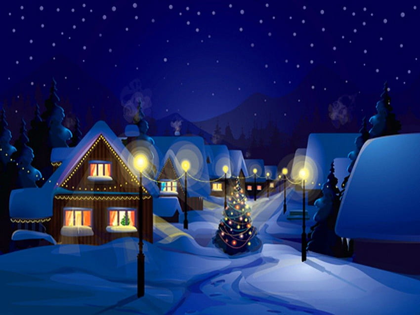 Peaceful night, winter, night, houses, snow HD wallpaper