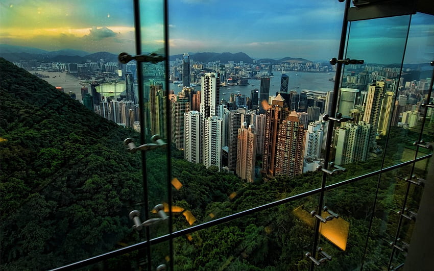 Città, grattacieli, sera, Hong Kong, Hong Kong S.a.r, vista dalla finestra Sfondo HD