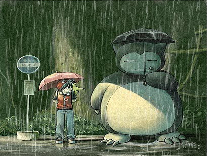 Pokemon rain Totoro parody Snorlax bus stop umbrellas ., Cute Snorlax HD wallpaper