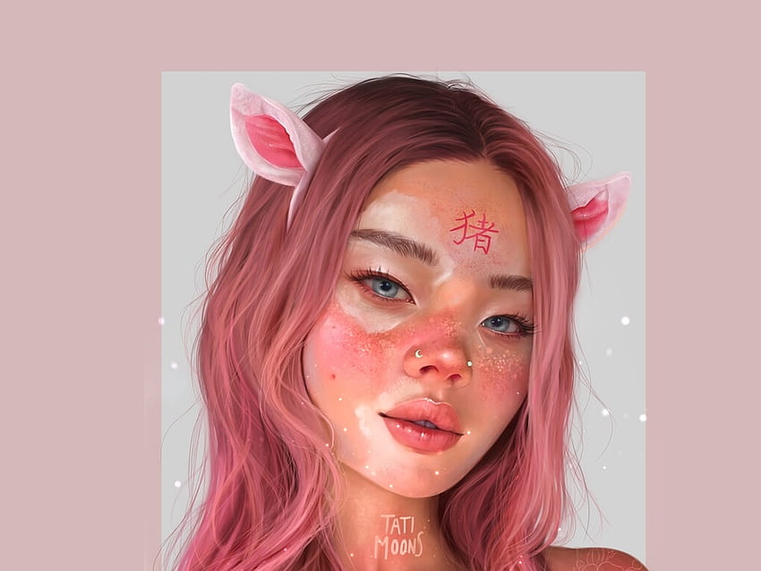 Chinese Zodiac ~ The Pig, pink, fantasy, tati moons, face, chinese zodiac, girl, luminos, the pig HD wallpaper