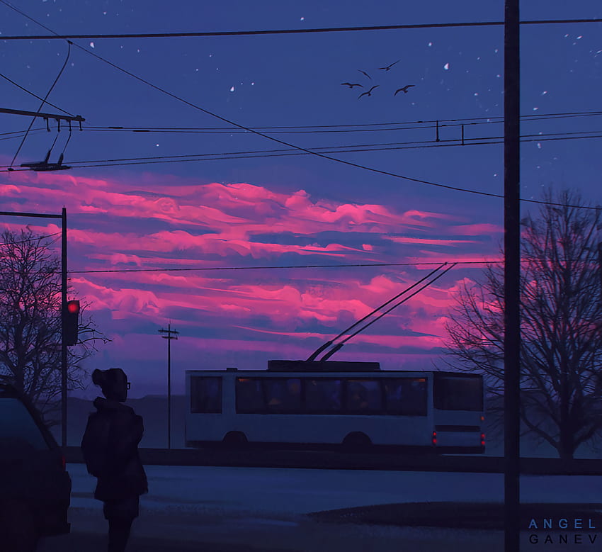 Street, Transport, Sunset, Art, Clouds, City, Silhouette HD wallpaper