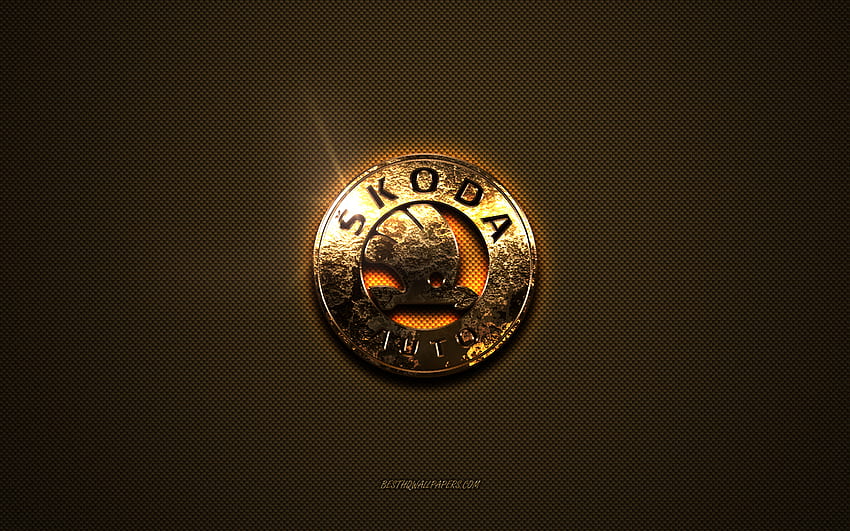 Златно лого на Skoda, произведение на изкуството, кафяв метален фон, емблема на Skoda, лого на Skoda, марки, Skoda HD тапет