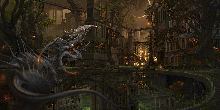 kazamasu uchio, luna, dragón, edificio, agua, árbol fondo de pantalla
