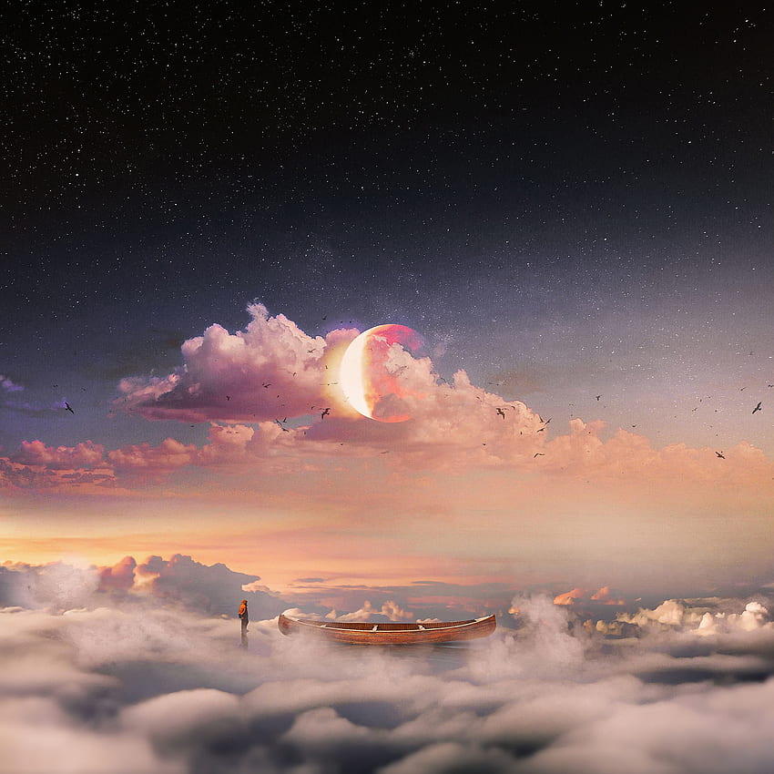 Sztuka, chmury, gwiaździste niebo, łódź, człowiek, osoba, sam, samotny, surrealizm Tapeta na telefon HD