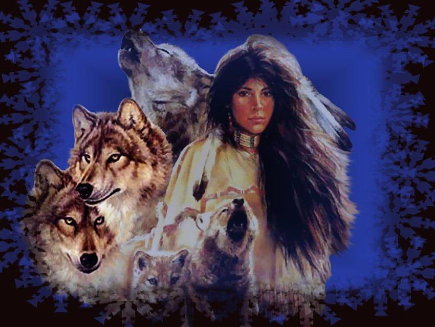 Wolfs and Indian Lady, animal, dog, great, art, nature, wolf, indian HD wallpaper