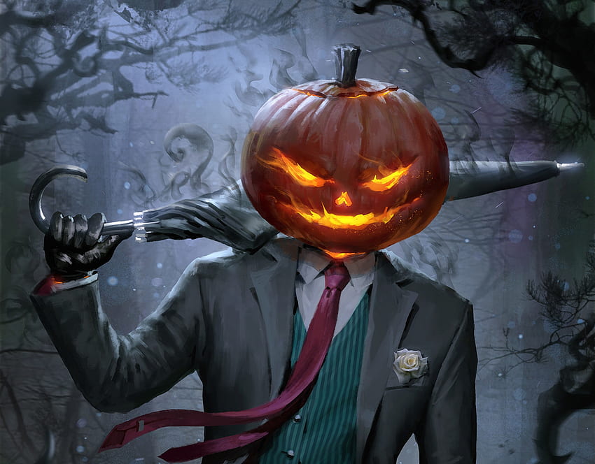 Spooky Jack-o'-lantern, umbrella, spooky jack o lantern, orange, dark, tie, halloween, fantasy, costume, pumpkin, luminos, billy christian HD wallpaper