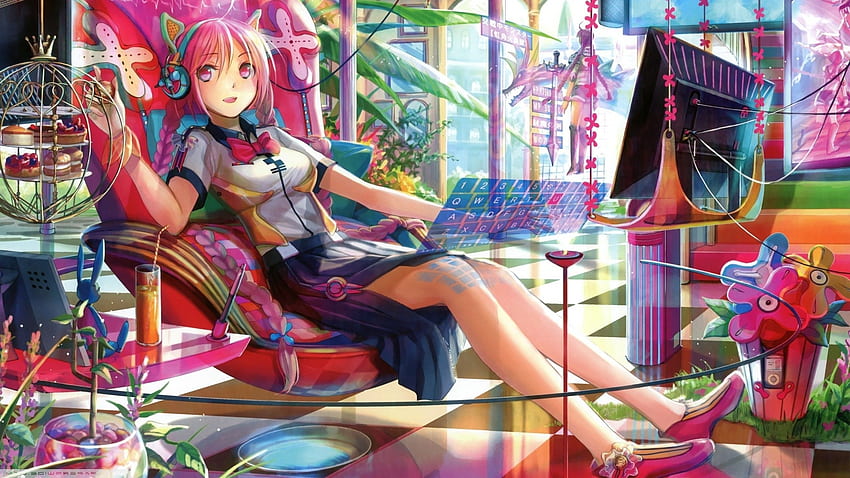 네코미미, 기술, 애니메이션 소녀, 핑크 머리, 원작자 HD 월페이퍼