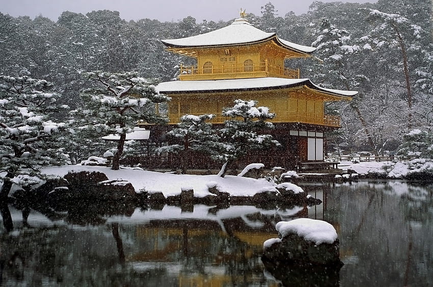 Other: Kinkaku Ji Kinkaku Snow Japanese Temple Lake Golden Nature HD wallpaper