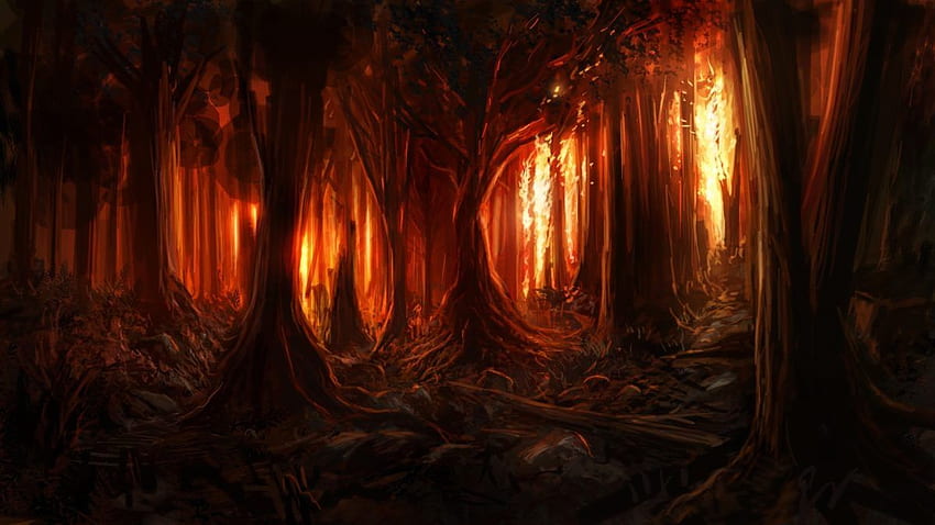 arte digital, naturaleza, árboles, bosque, pintura, quema, fuego, madera, ilustraciones, rama y móvil fondo de pantalla