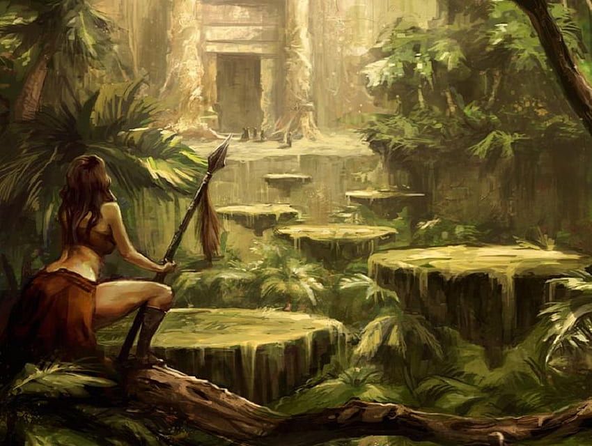 The Floating Forest, temple, jungle, amazon, forest, woman, warrior HD wallpaper