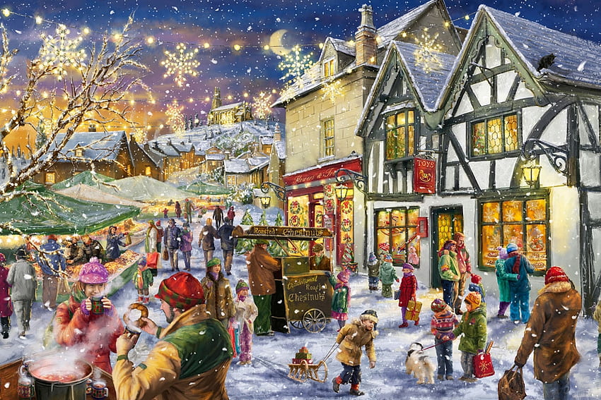 Christmas Village, invierno, nieve, navidad, vino caliente, mercado, castañas fondo de pantalla