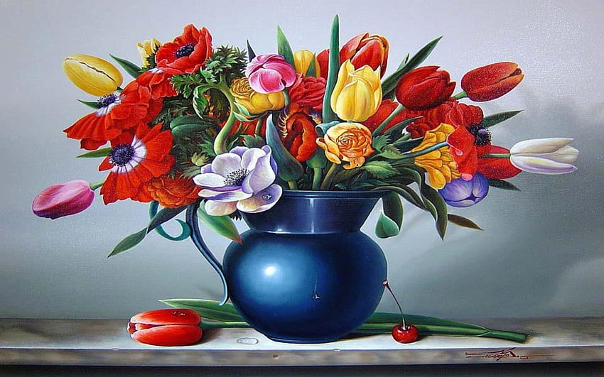 blue pot, blue, pot, flower, lily HD wallpaper