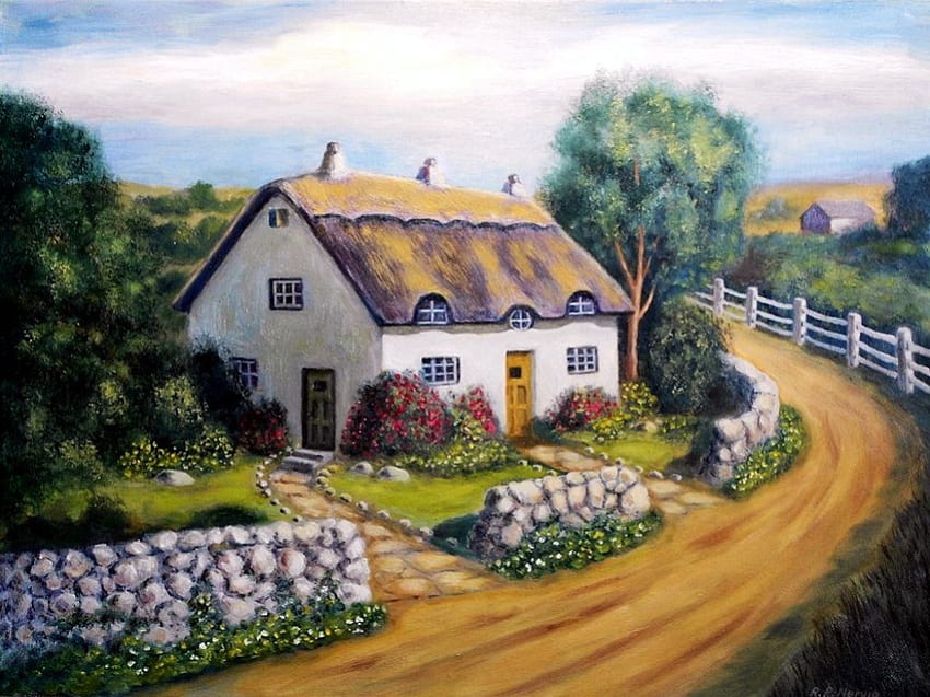 Country Cottage, artwork, painting, house, fence, landscape, road, stones HD wallpaper