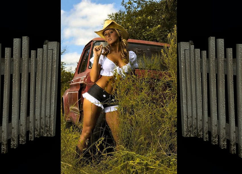 Cowgirl, stile, divertimento, famoso, cowgirls, moda, all'aperto, western, camion, alberi, ragazze, donne, modelle, cappelli, donna Sfondo HD