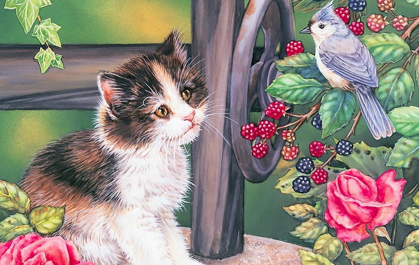 El gatito y el pájaro (ilustrado), gatito, lindo, pájaro, ilustrado fondo de pantalla