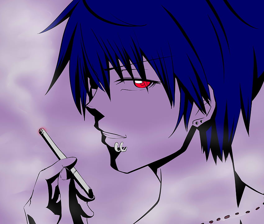 たばこ, 青い髪, 喫煙, 赤目, 少年, アニメを吸う 高画質の壁紙