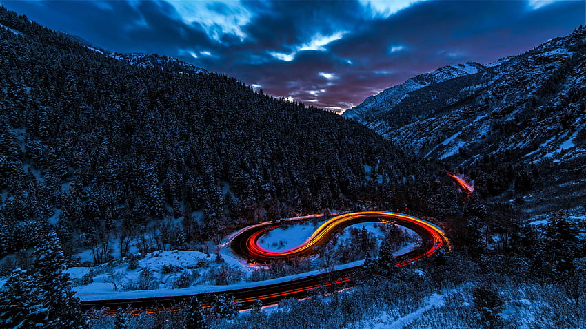 Larga exposición Luces Carretera Bosque Nieve , grafía fondo de pantalla